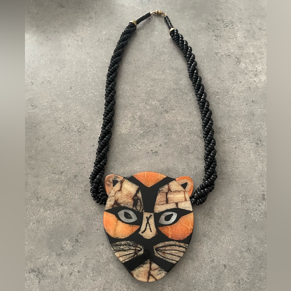 Vintage Lee Sands Beaded Tiger Head Necklace